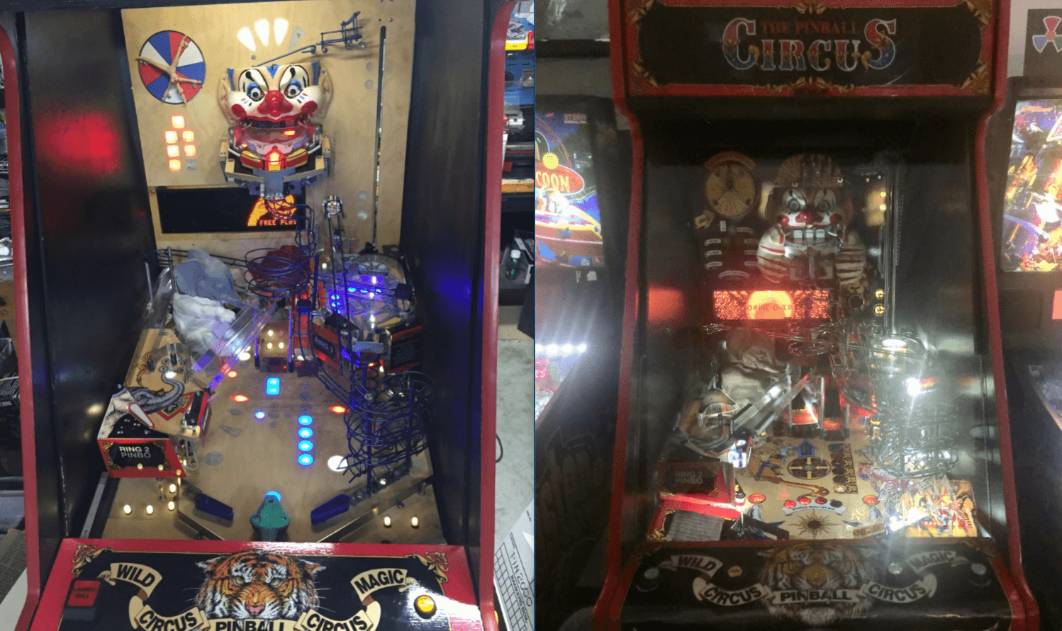 Vintage circus-themed pinball machine with colorful lights and clown head