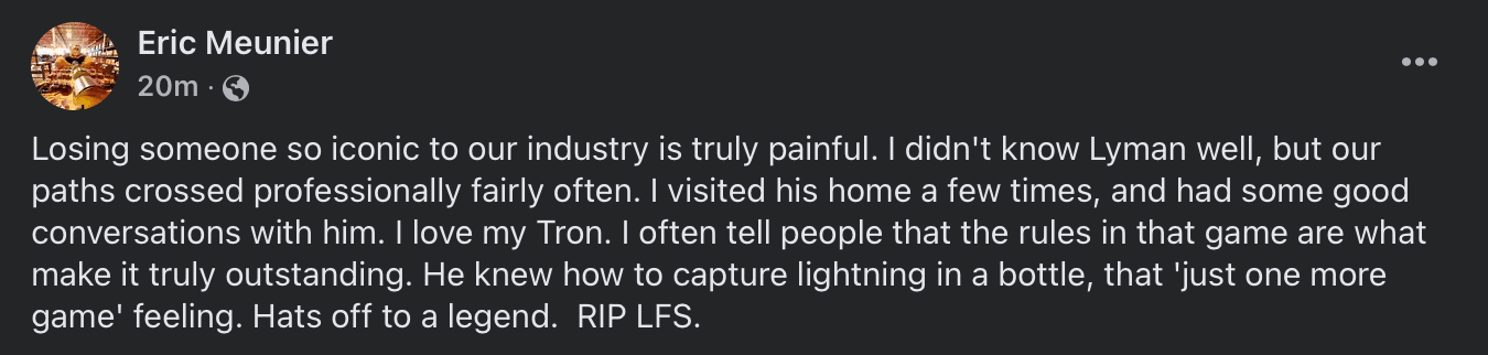 Social media post mourning the loss of a legendary industry professional