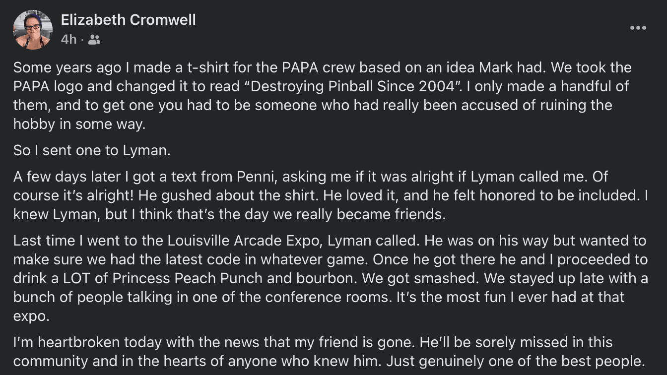 Social media post about friendship and loss in the pinball community