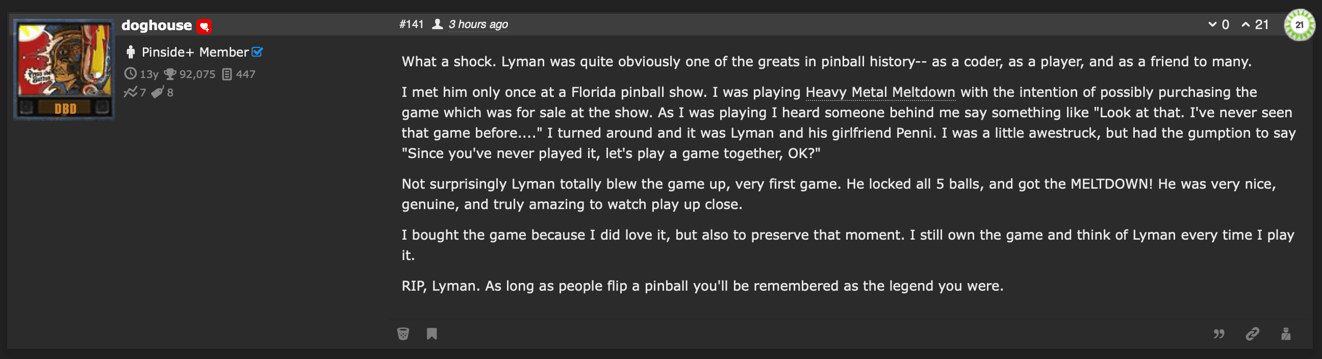 Forum post remembering Lyman, a pinball legend, with user profile picture
