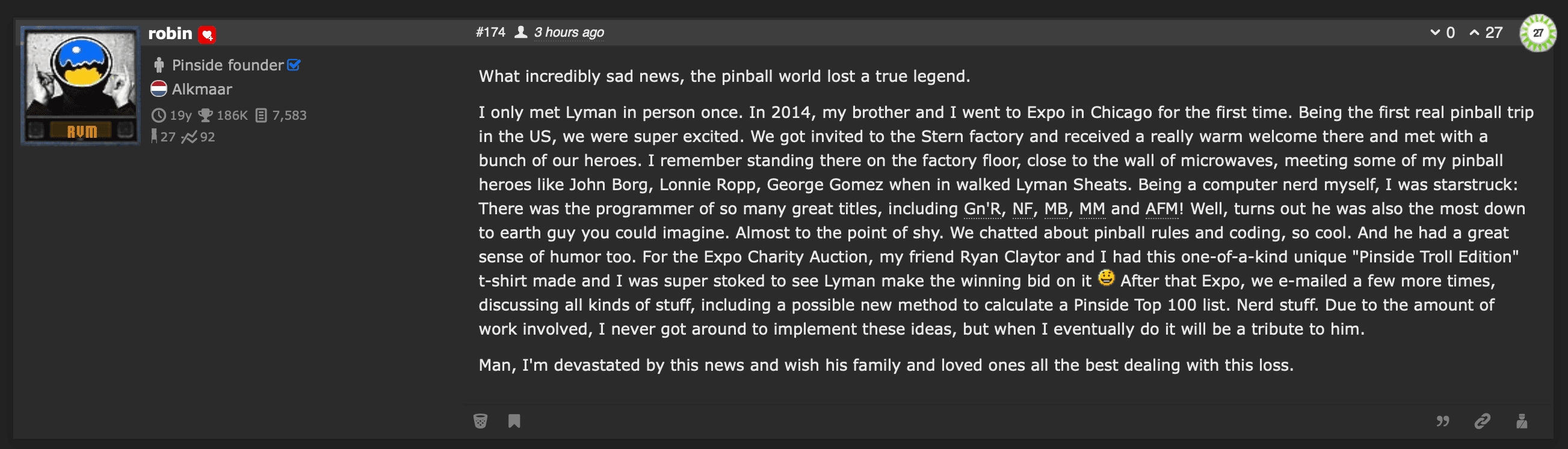 Forum post mourning the loss of Lyman Sheats, pinball programmer and legend
