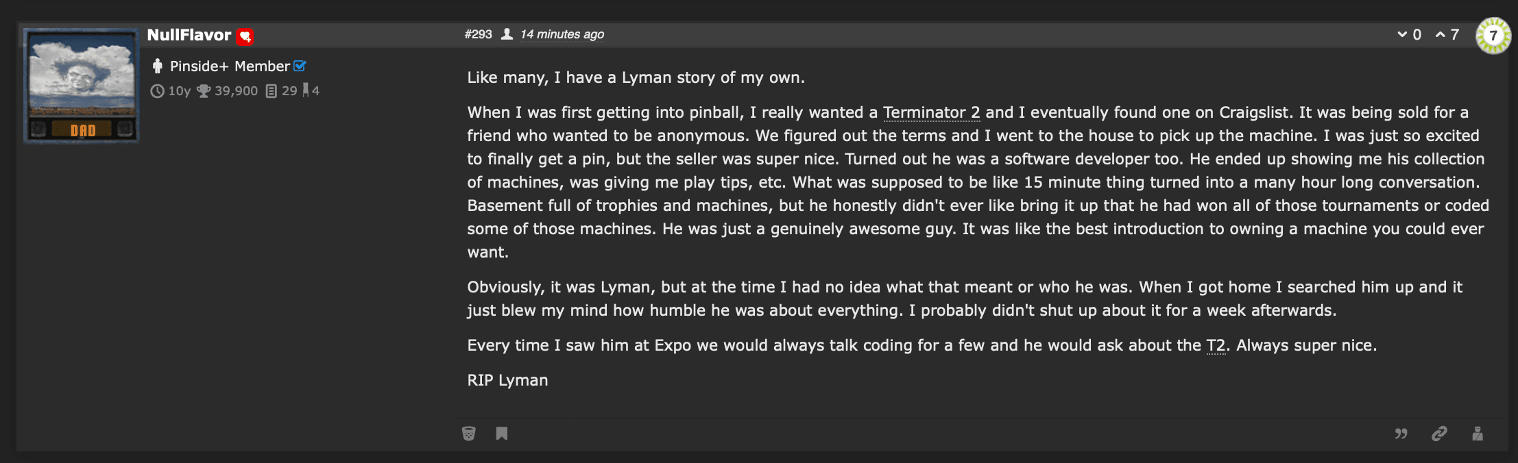 Pinside forum post about a personal story involving Terminator 2 pinball machine