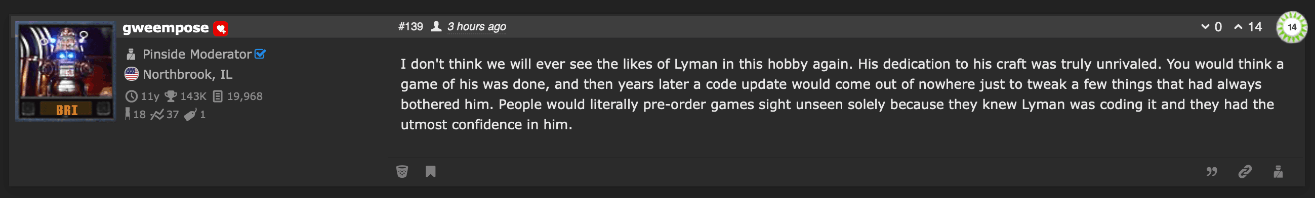 Forum post discussing dedication of a programmer named Lyman to his craft