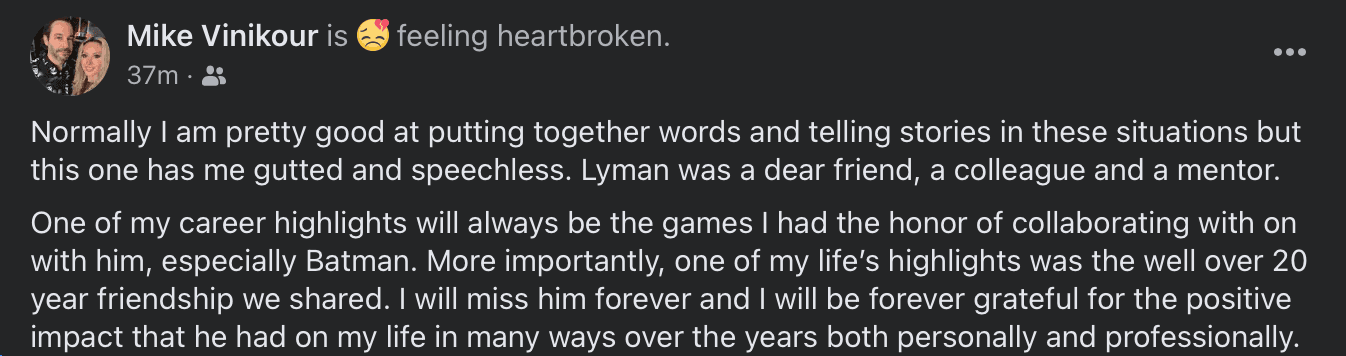 Social media post expressing grief over loss of a dear friend and mentor