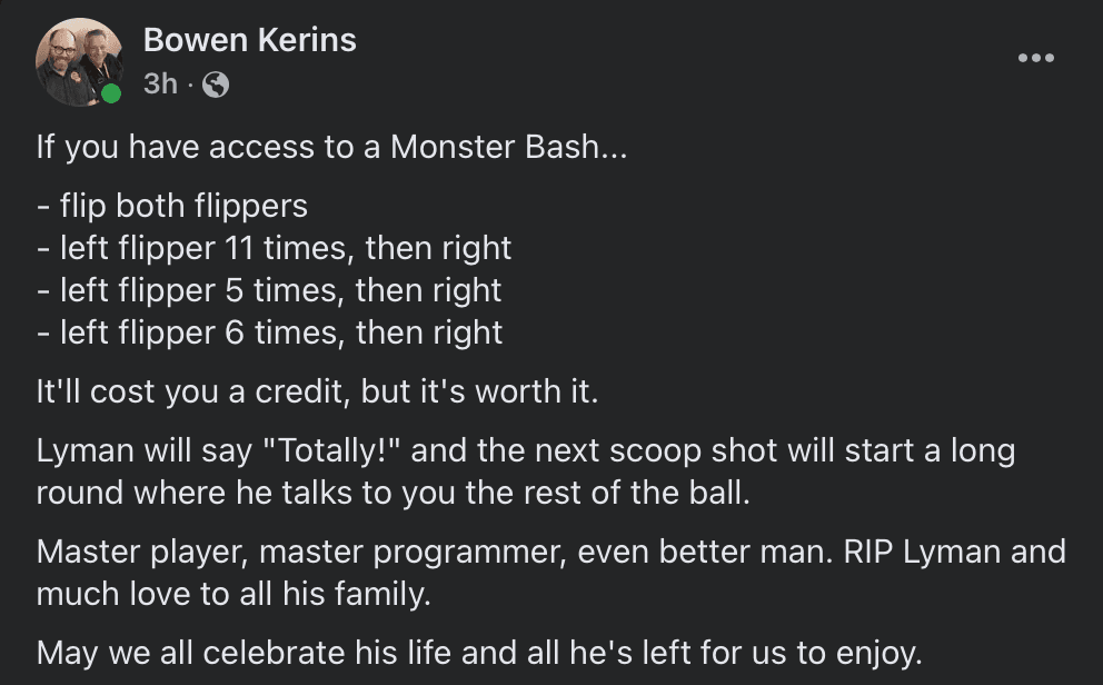 Pinball instructions and tribute to Lyman, a respected game designer