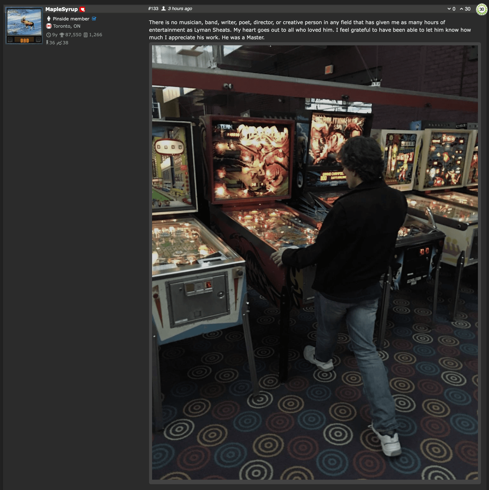 Person playing pinball machines in a retro arcade with colorful carpeted floor