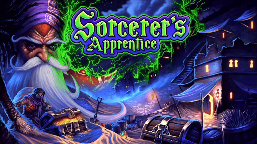 Magical sorcerer and apprentice with treasure chests and mystical night scene