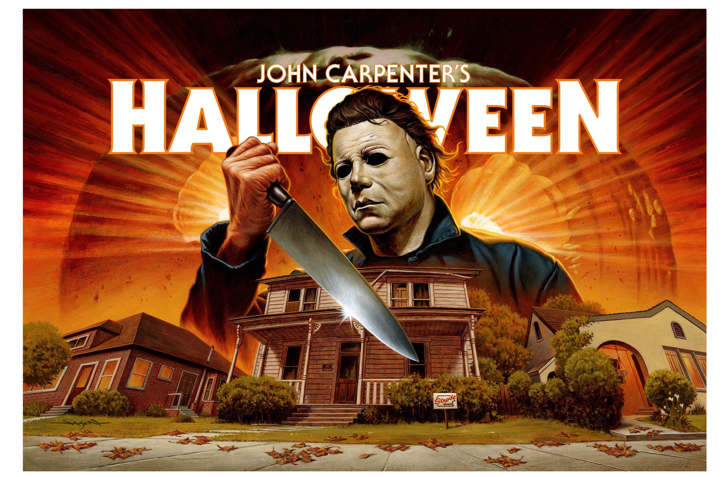 Masked killer Michael Myers with knife in front of suburban houses