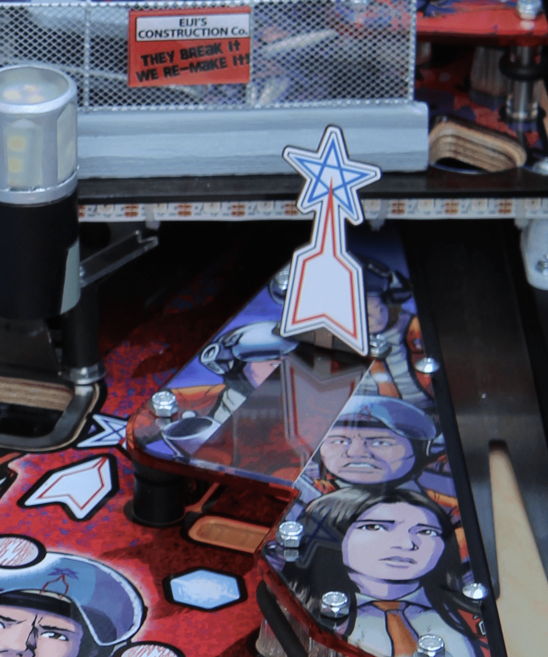 Comic book artwork with star-shaped marker and construction company sign