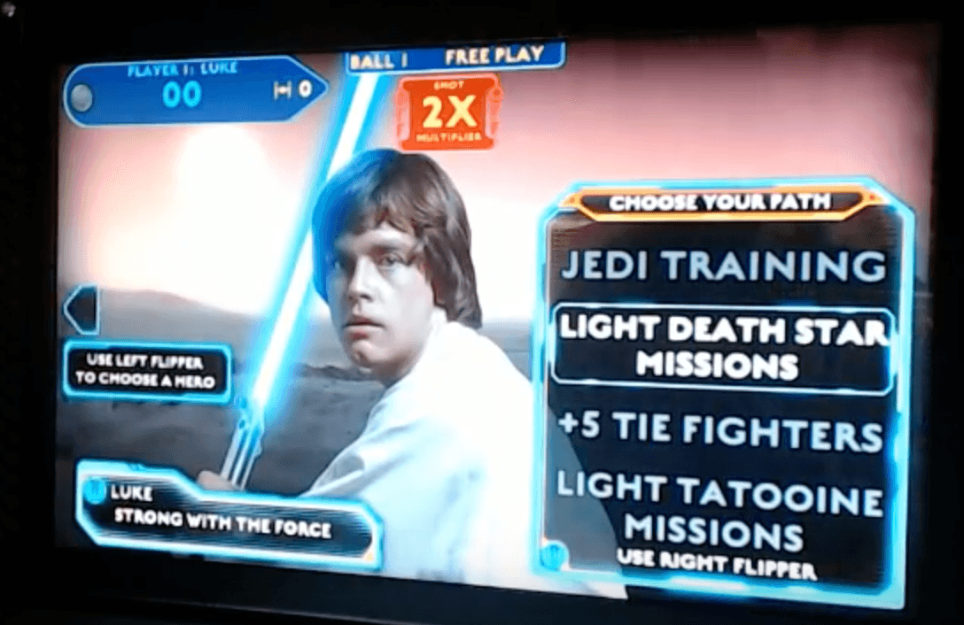 Star Wars video game screen showing Luke Skywalker and mission choices
