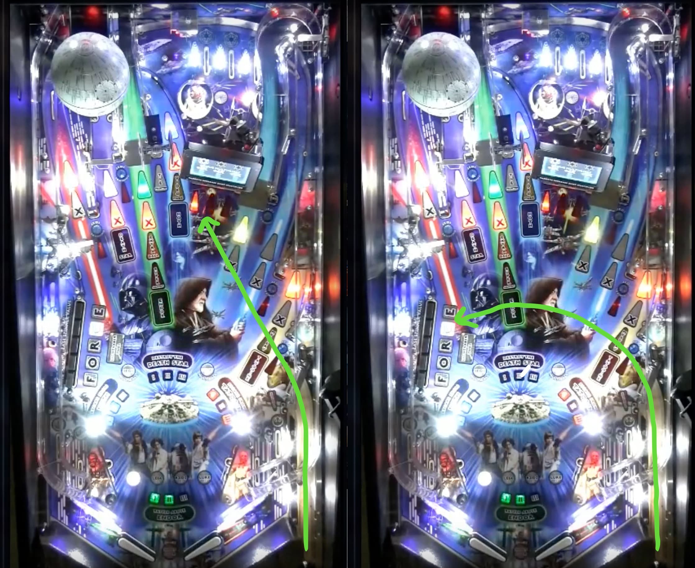 Star Wars pinball machine with colorful lights, characters, and iconic scenes