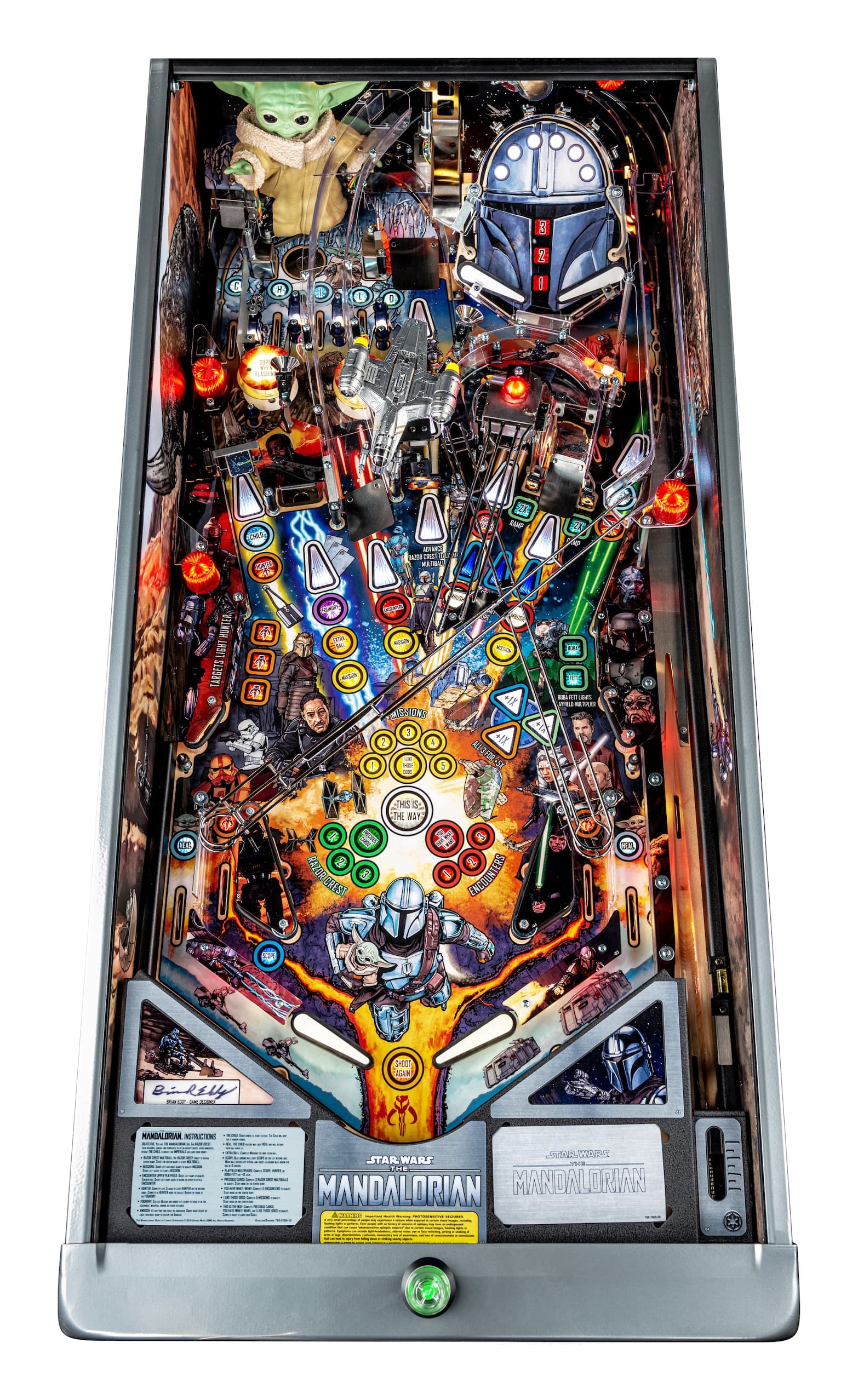 Star Wars Mandalorian themed pinball machine with colorful characters and gameplay elements