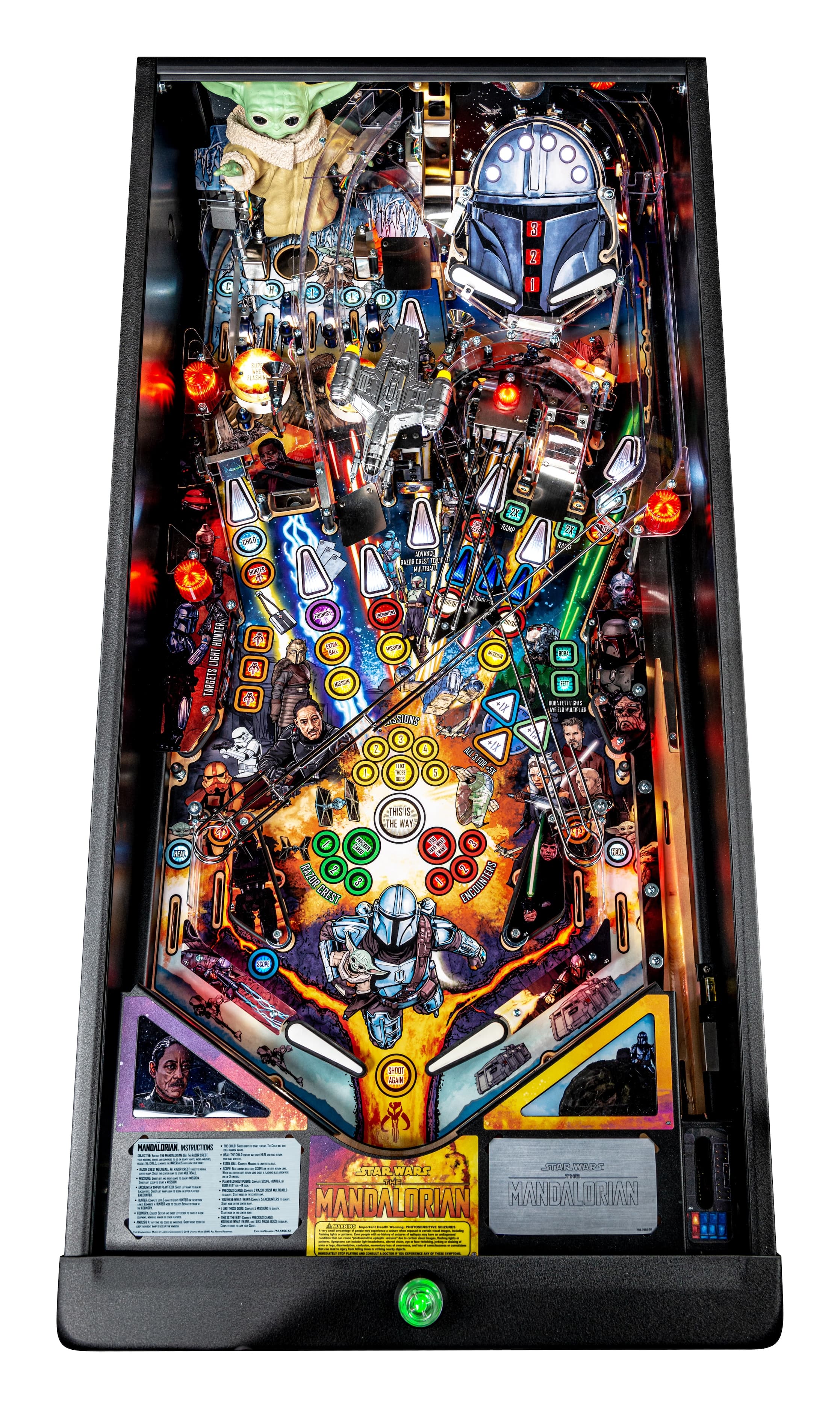 Star Wars Mandalorian-themed pinball machine with colorful characters and gameplay elements