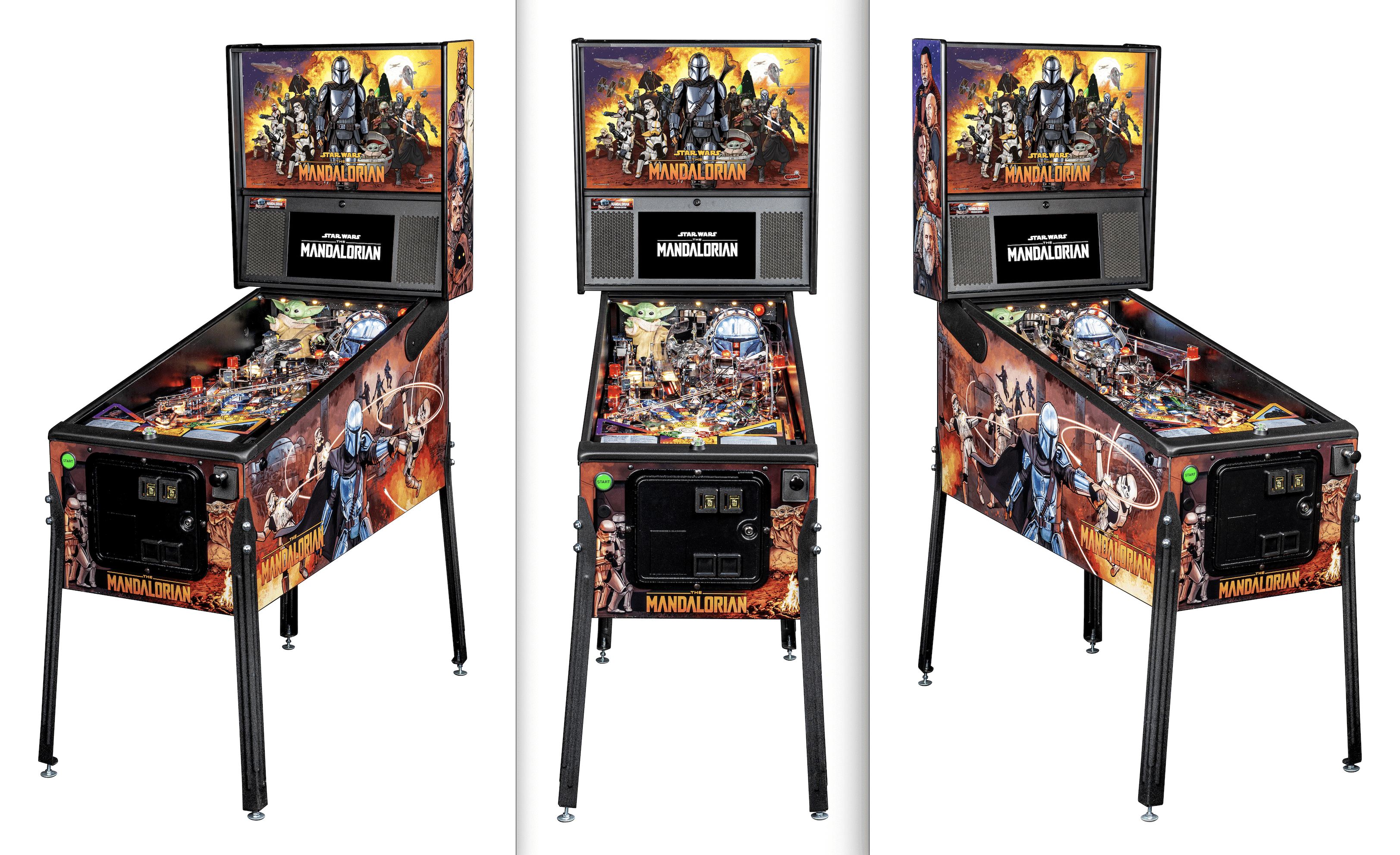 Star Wars Mandalorian-themed pinball machine with characters and dramatic artwork