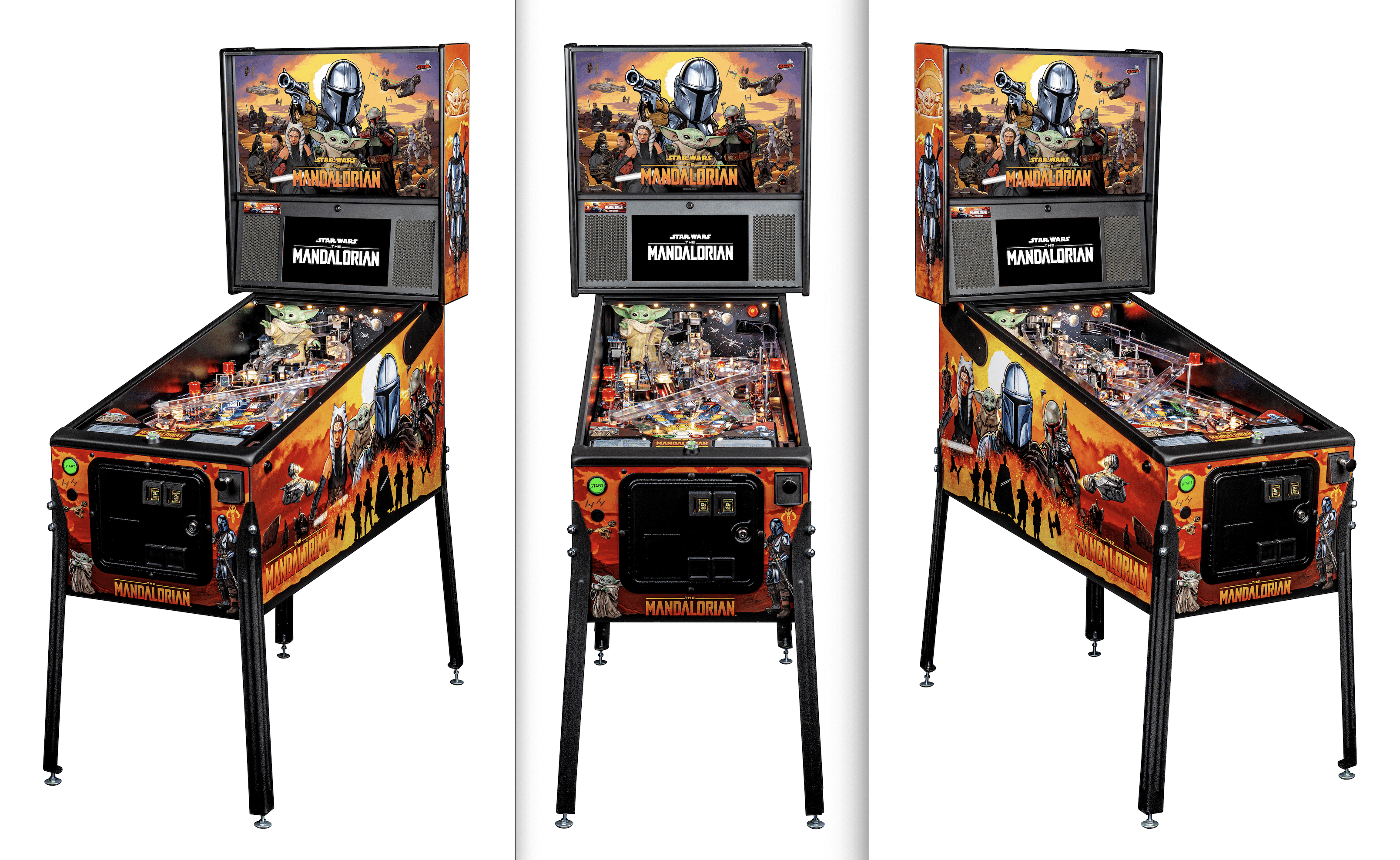Star Wars The Mandalorian themed pinball machine with colorful artwork