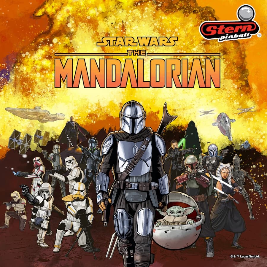 Mandalorian pinball artwork with characters from Star Wars series