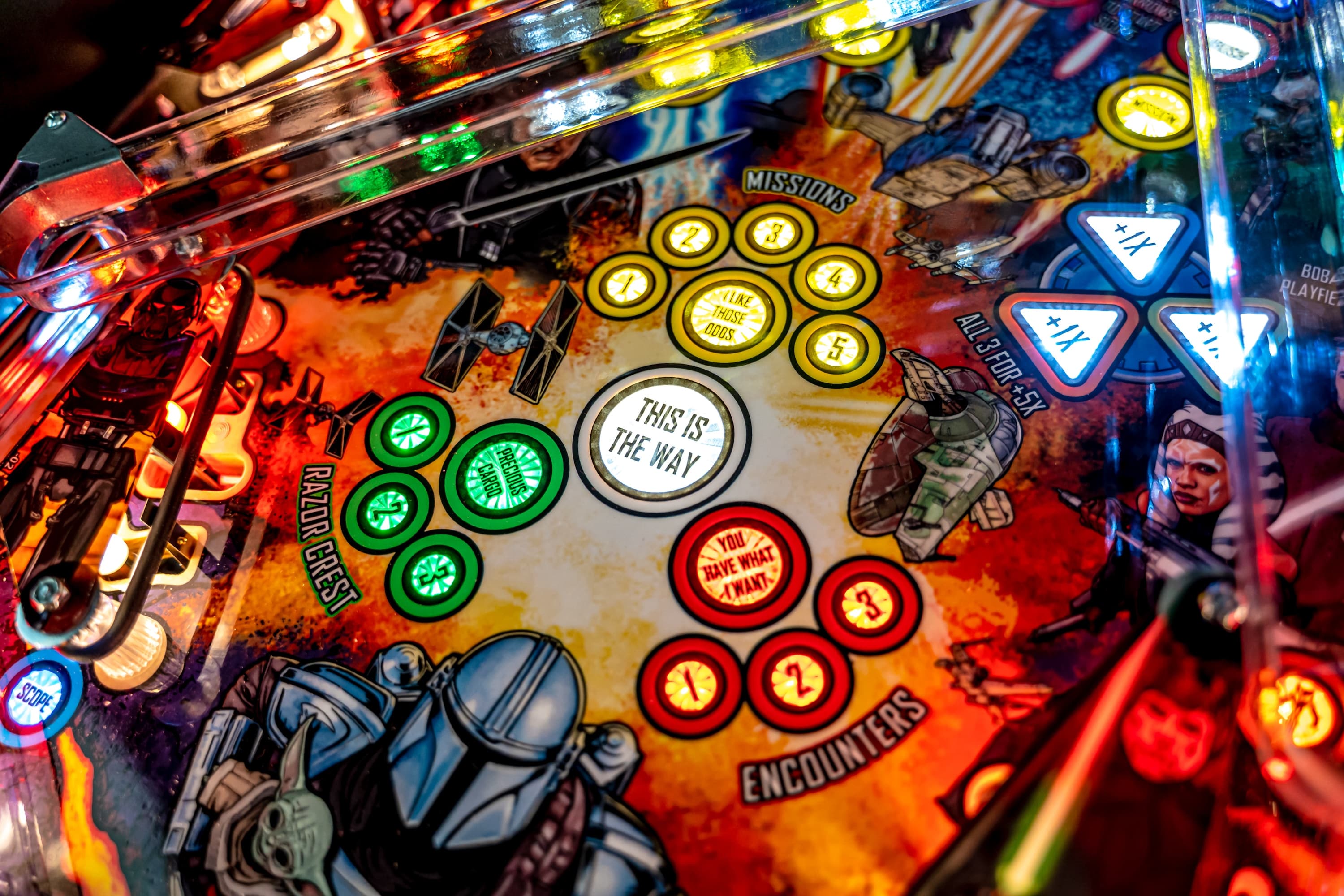 Star Wars pinball machine with colorful game board and spaceship elements