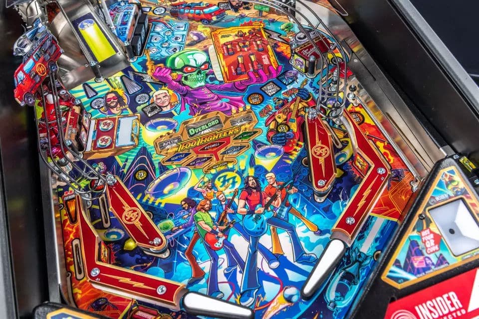 Colorful rock band pinball machine with vibrant characters and flippers