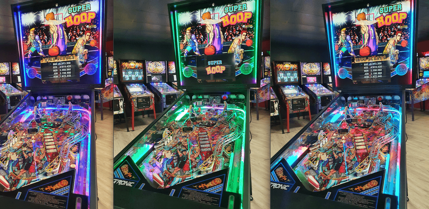 Super Hoop pinball machine with colorful basketball-themed playfield and lighting