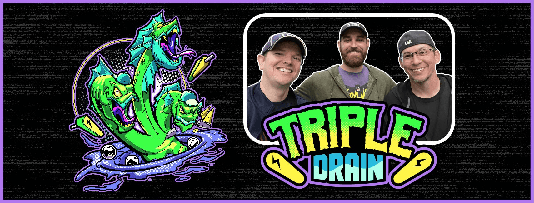 Triple Drain podcast logo with colorful cartoon monster illustration