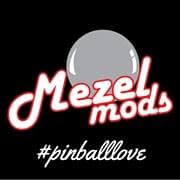 Mezel Mods logo with pinball heart symbol on black background