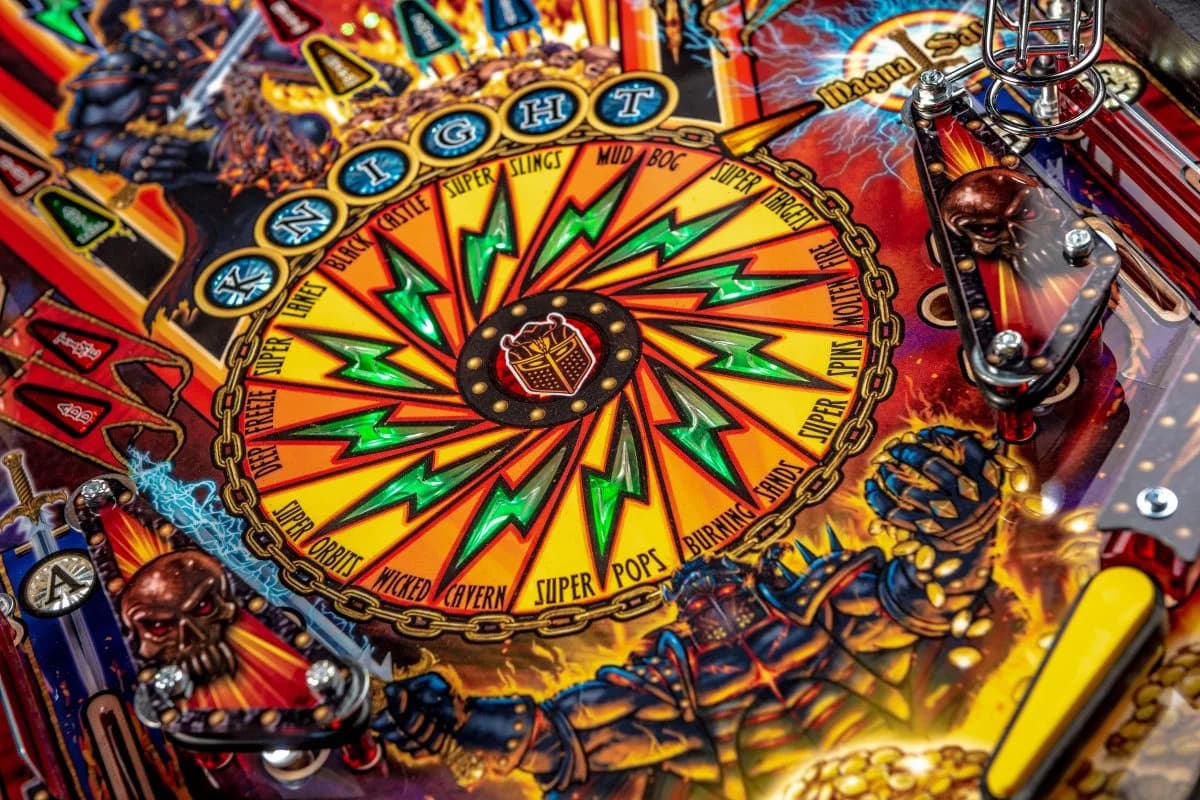 Colorful pinball machine wheel with vibrant spokes and chain border