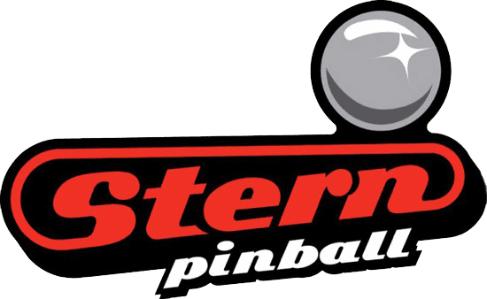 Stern Pinball logo with silver ball and red and black design