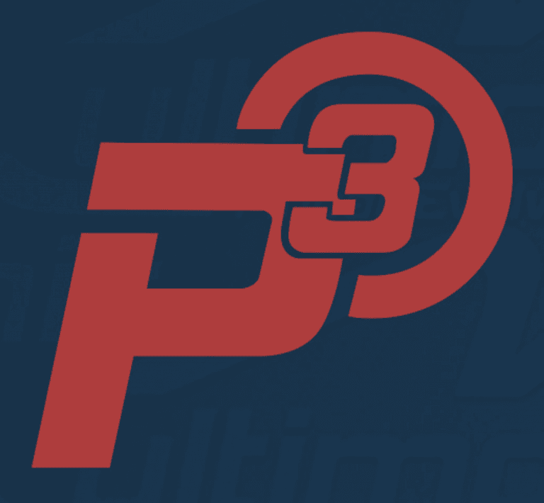 Red P3 logo on dark blue background with geometric design