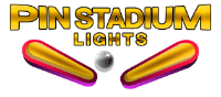 Pin Stadium Lights logo with yellow, pink, and red pinball-style flippers