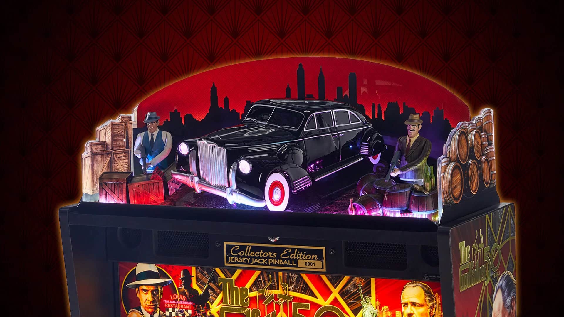 Vintage pinball machine with classic car, city skyline, and prohibition era theme