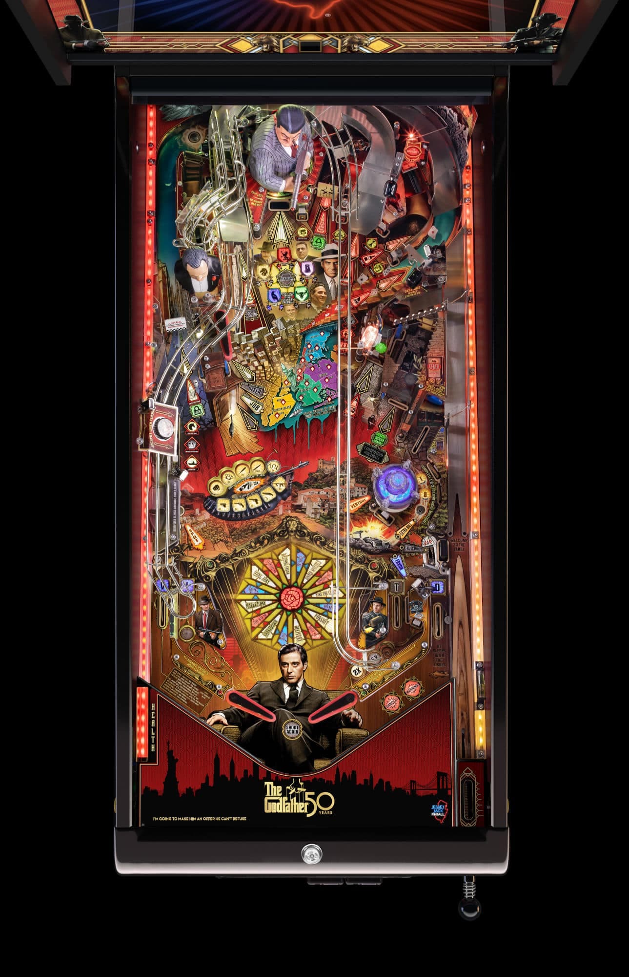 Detailed Godfather 50th anniversary pinball machine with intricate design elements