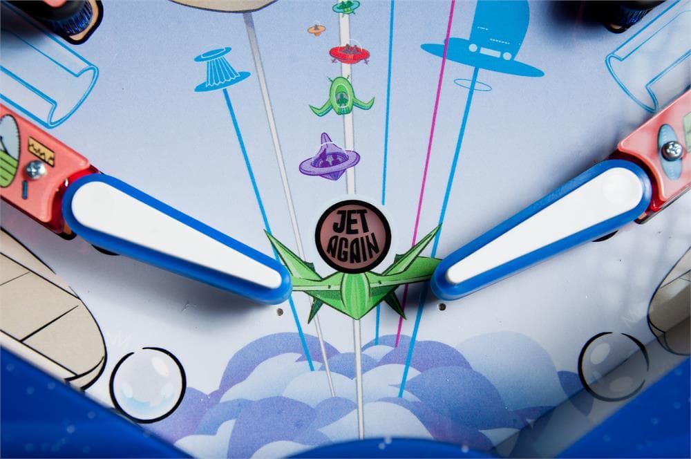 Colorful pinball machine with Jet Again theme and space-like design