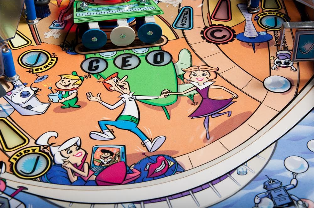 Colorful cartoon characters on a retro board game with geometric shapes