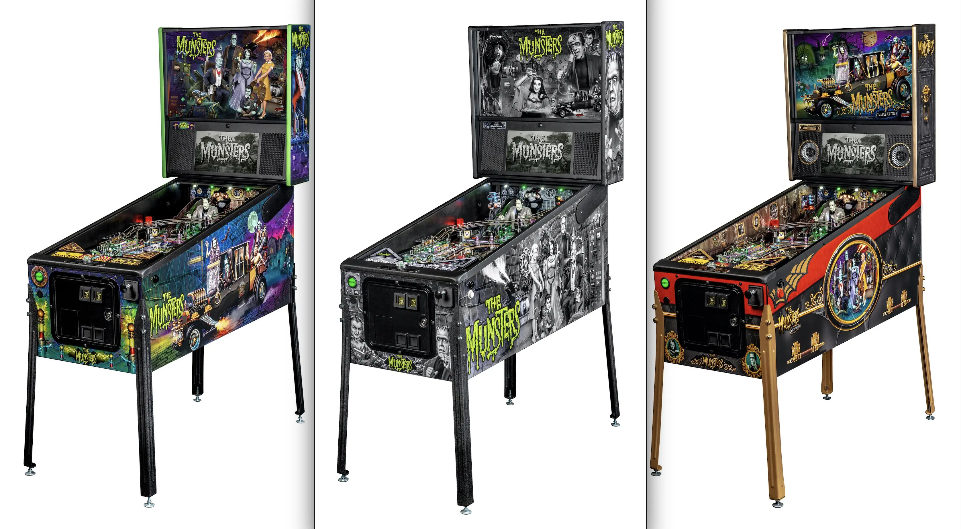 Three The Munsters themed pinball machines with different color designs
