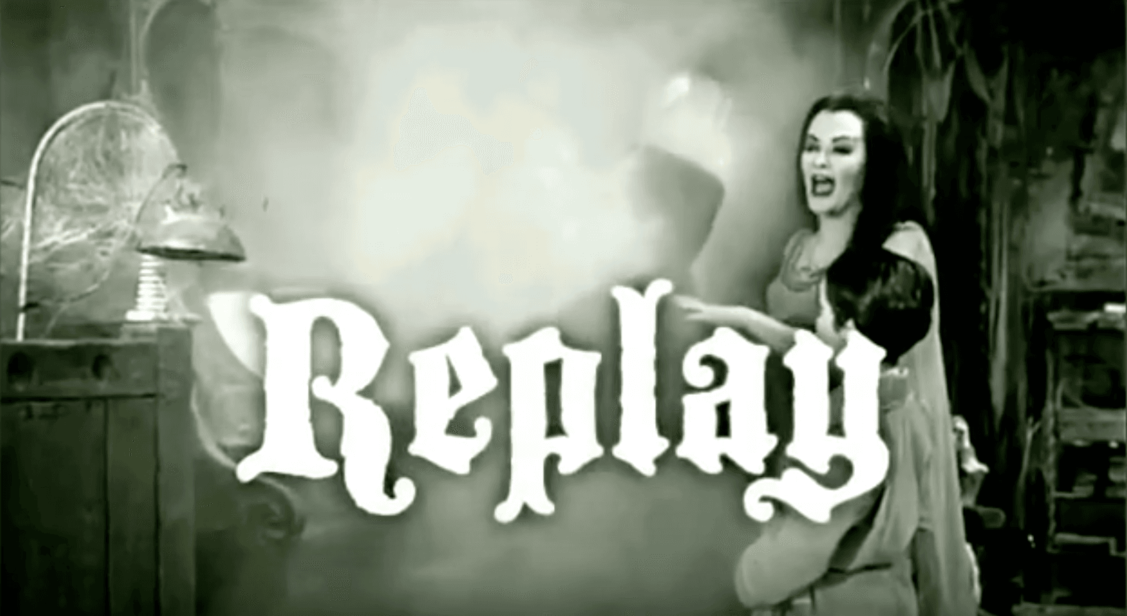 Vintage black and white scene with dramatic woman and Replay logo