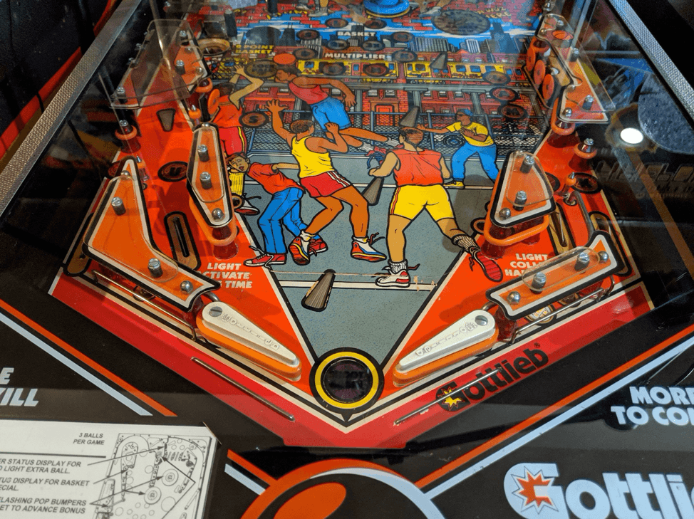 Colorful vintage basketball-themed pinball machine with animated players