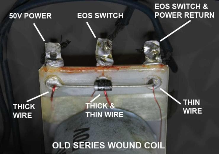 Labeled electrical coil with power and wire connections on dark background