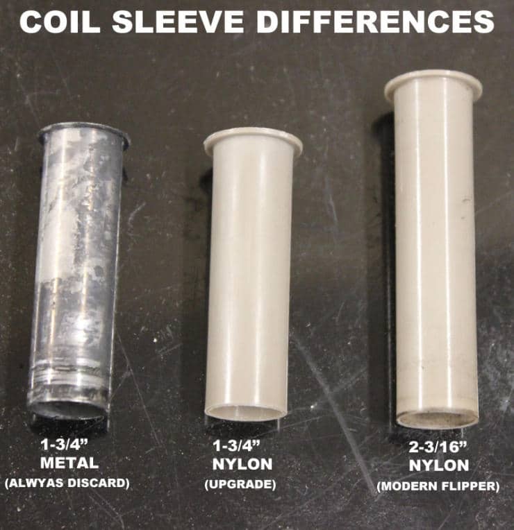 Three different coil sleeves: metal, nylon upgrade, and modern nylon flipper