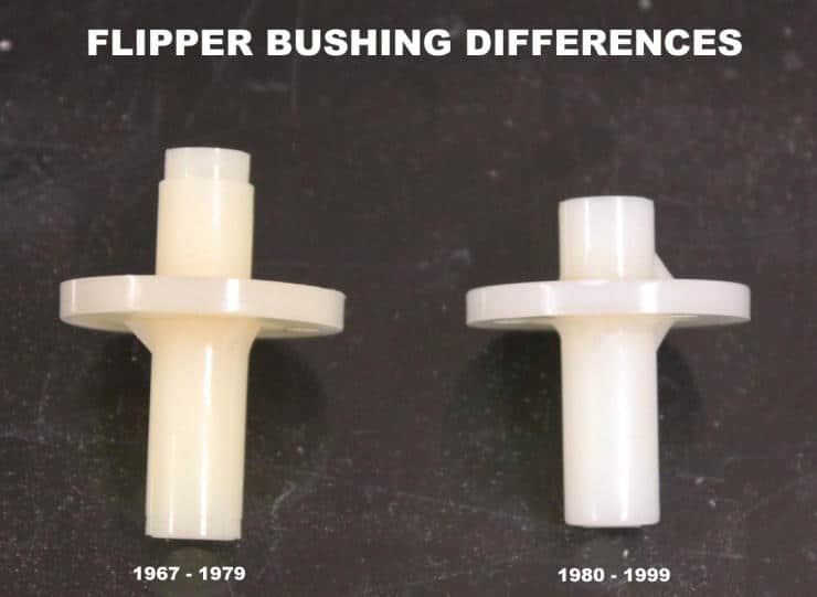Two white plastic bushing components showing design differences between 1967-1979 and 1980-1999