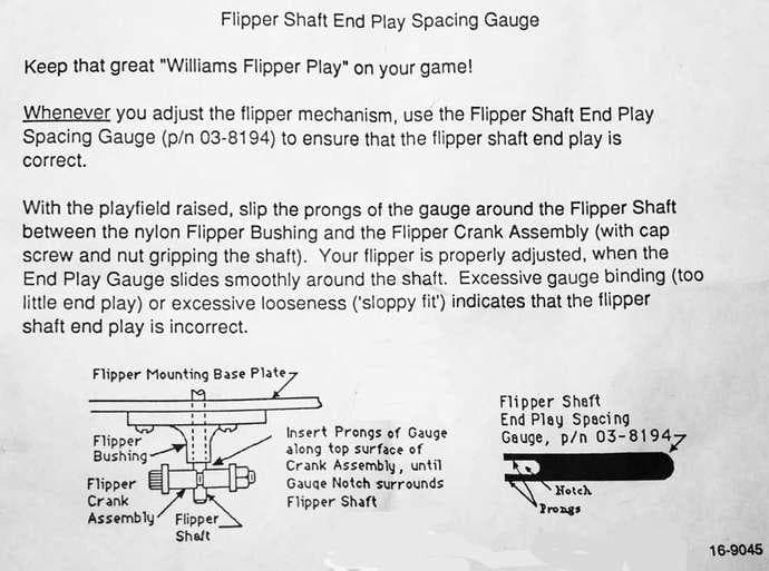 Diagram showing flipper shaft end play spacing gauge for pinball machine