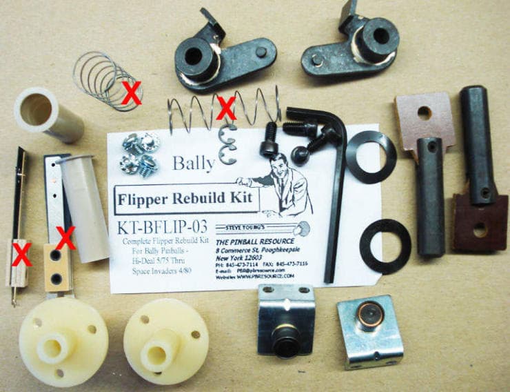 Bally pinball machine flipper rebuild kit with mechanical parts and instructions
