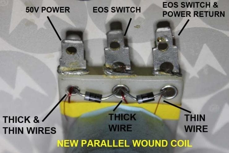 New parallel wound coil with labeled power, switch, and wire connections