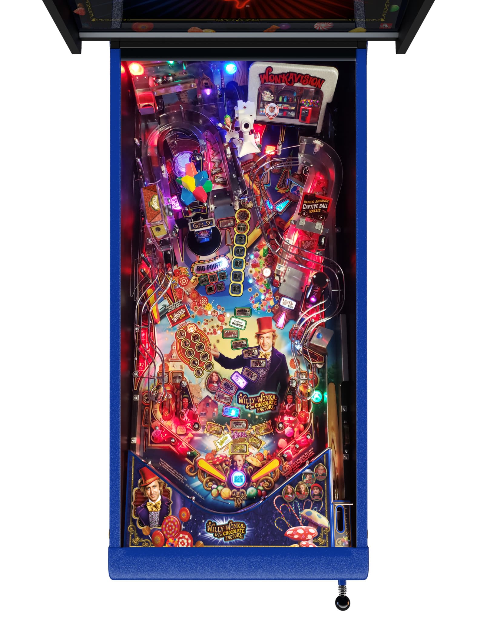 Willy Wonka-themed pinball machine with colorful lights and playfield details