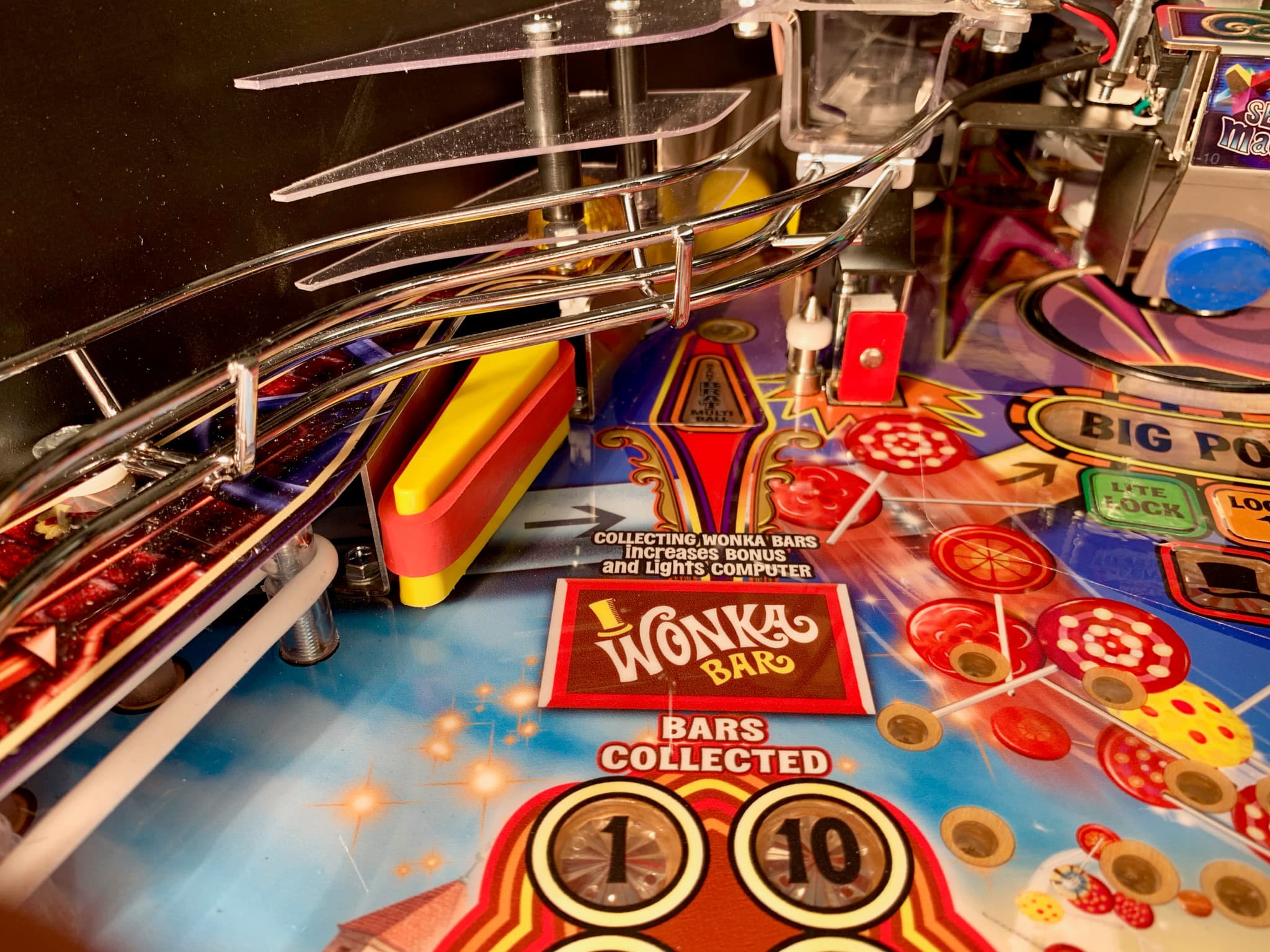 Wonka Bars pinball machine closeup with colorful playfield and collecting bars