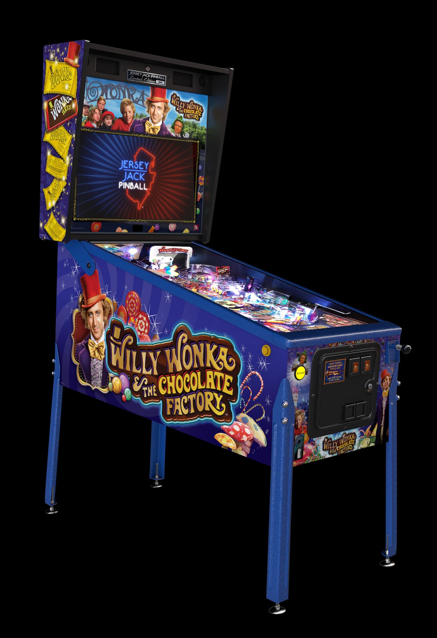 Willy Wonka themed pinball machine with colorful design and candy imagery