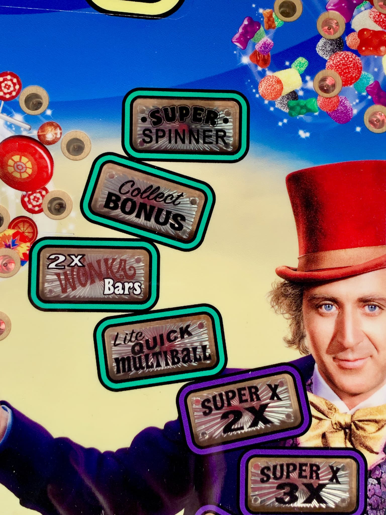 Willy Wonka game screen with colorful bonus markers and candies