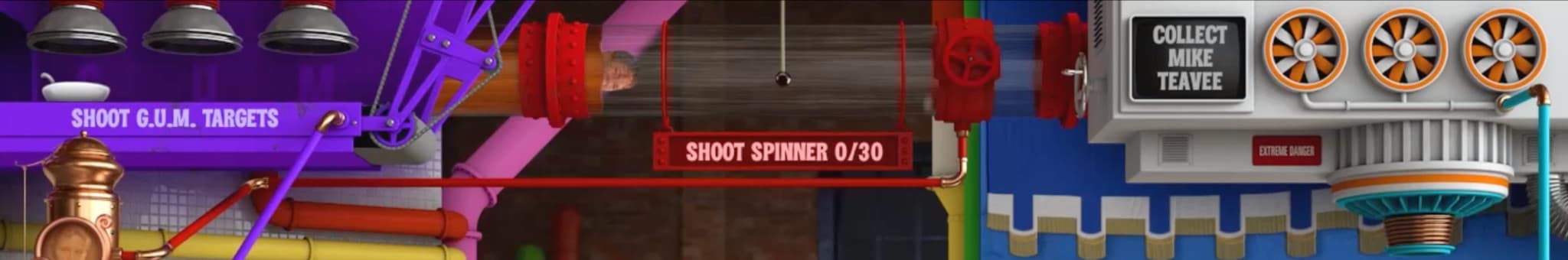 Colorful industrial game interface with shooting targets and spinner challenge
