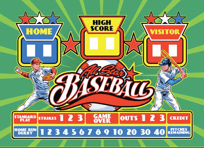 Retro baseball arcade game scoreboard with players and colorful design