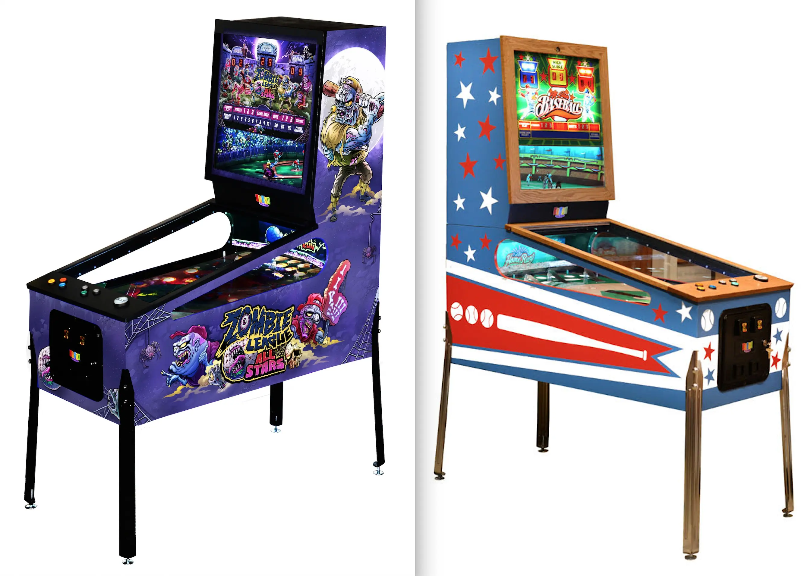 Two vintage pinball machines with zombie and baseball themed designs