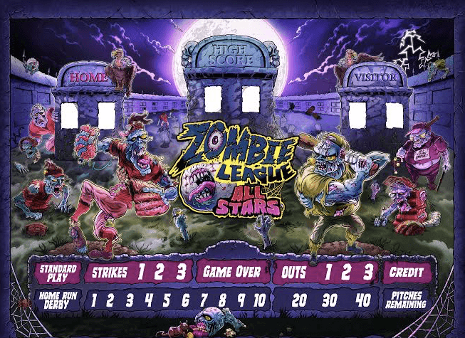 Zombie baseball game scoreboard with colorful undead players under moonlight